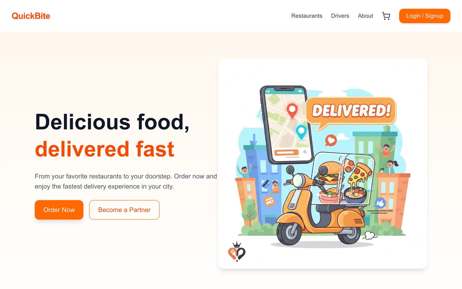 QuickByte home page: “Delicious food, delivered fast” beside a delivery illustration